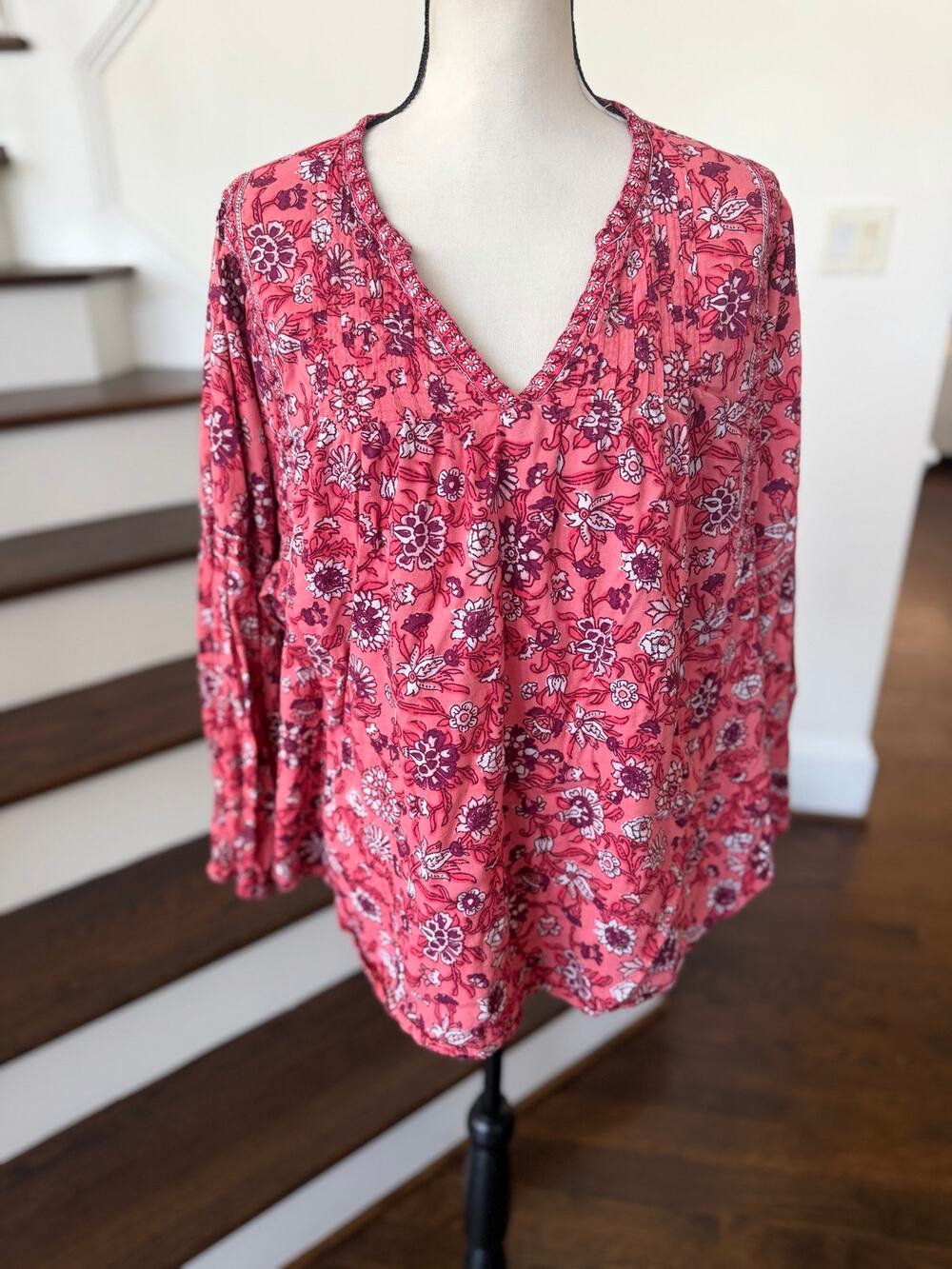 Old Navy Pink Boho Block Print Long Blouson Sleeve V-Neck Flowy Tunic Blouse